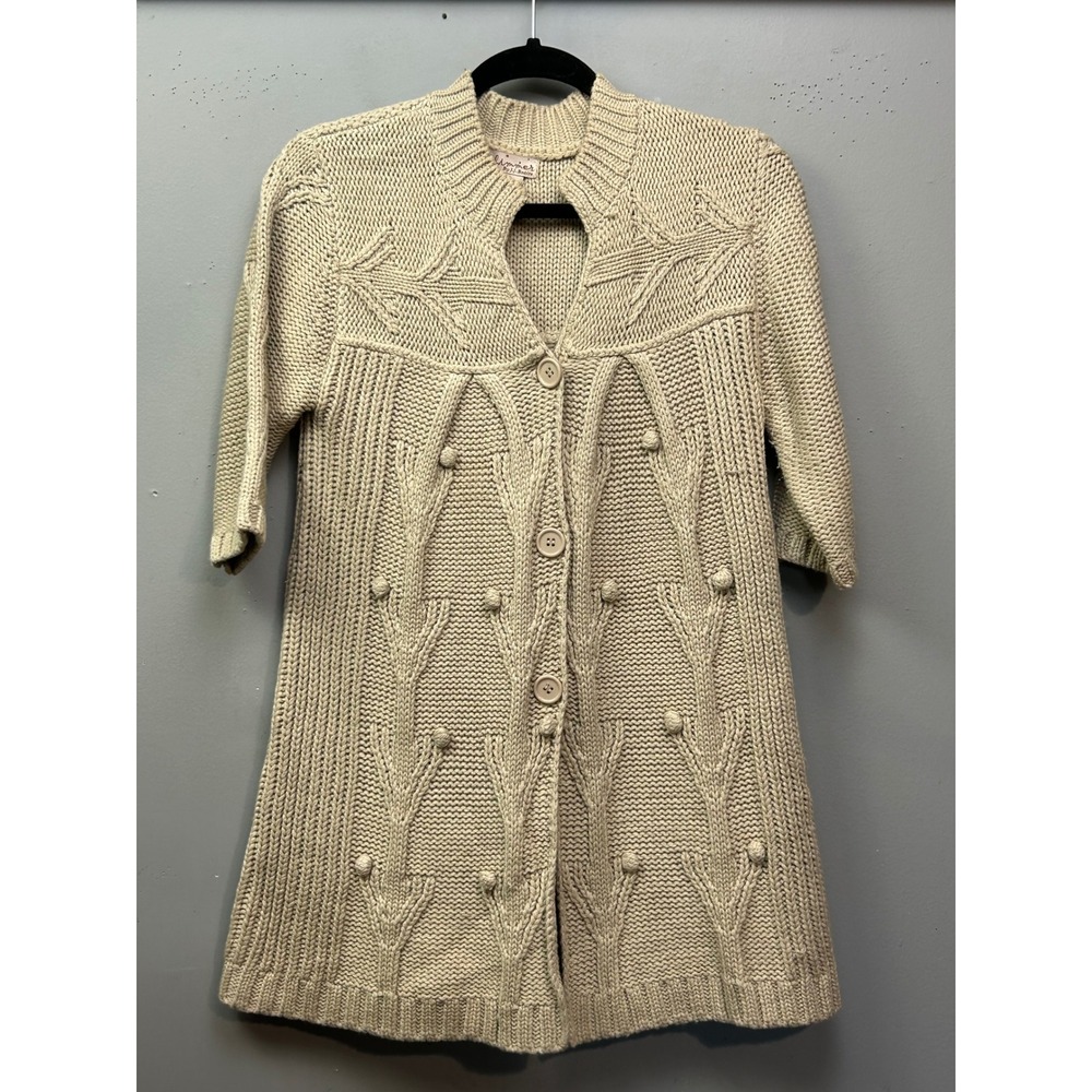Glimmer by JJ Basics Beige Knit Cardigan Sweater Womens Large 3/4 Sleeve Button‎